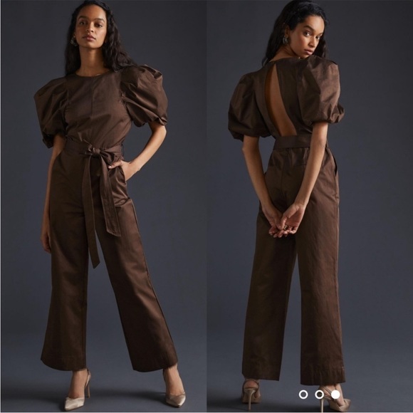 En Saison Pants - En Saison Puff Sleeve Open Back Jumpsuit / Brown /‎ SZ XS
